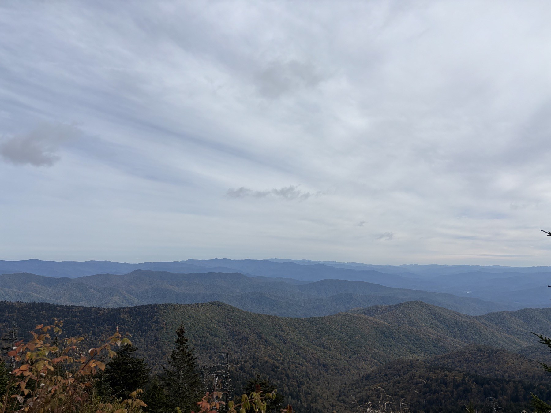 layers of forested mountain ridges under an overcast sky