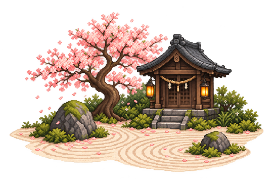 A tiny pixel-art Japanese shrine garden with a cherry blossom tree, mossy stones, and raked sand, with bamboo swaying behind it.